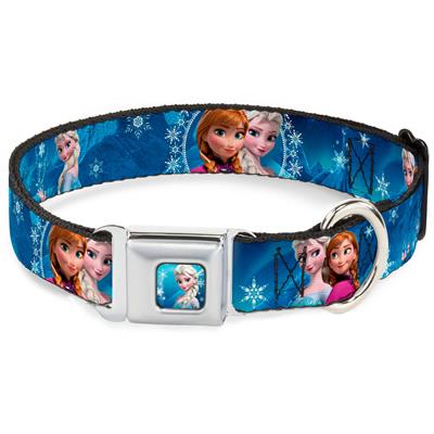 Frozen Elsa the Snow Queen Pose/Snowflakes Full Color Blue/White Seatbelt Buckle Collar - Anna & Elsa Poses/Castle & Mountains Blues