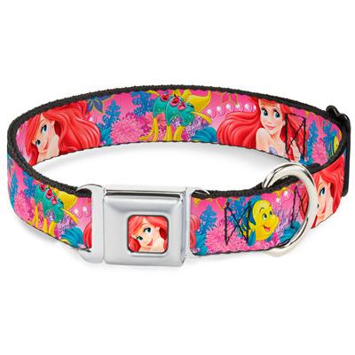 Ariel Face4 Full Color Pink/Blue Seatbelt Buckle Collar - Ariel/Flounder/Fish Trio Poses Pinks