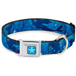 Little Mermaid Starfish Full Color Blues Seatbelt Buckle Collar - Ariel Silhouette Poses/Castle Blues