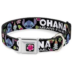 Lilo & Stitch Hibiscus Flower Full Color Black/Pink Seatbelt Buckle Collar - OHANA MEANS FAMILY/Stitch & Scrump Poses/Tropical Flora Black/White/Multi Color