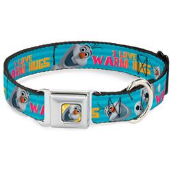 Olaf Face/Frozen Sun Full Color Seatbelt Buckle Collar - Olaf Pose I LOVE WARM HUGS Stripe Blues