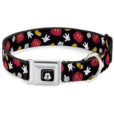 Mickey Mouse Face Full Color Black Seatbelt Buckle Collar - Mickey Mouse Costume Elements Scattered Black