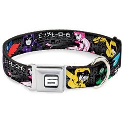 Big Hero "6"/Name Blocks Full Color Black/Gray/White Seatbelt Buckle Collar - Big Hero 6 Group Action Pose/Name Blocks Black/Gray/Multi Color