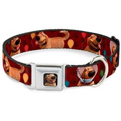 Dug Tongue Out Pose Full Color Black Seatbelt Buckle Collar - Dug 4-Poses/Balloons/Paw Print Reds