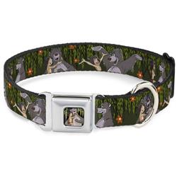 Mowgli & Baloo Hugging/Leaves Full Color Black/Greens Seatbelt Buckle Collar - Mowgli & Baloo 3-Poses Leaves/Flowers Greens/Orange