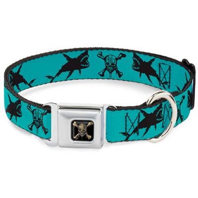 Pirates of The Caribbean Dead Men Tell No Tales Skull Icon Black Seatbelt Buckle Collar - Pirates Skull & Crossbones/Sharks Turquoise/Black