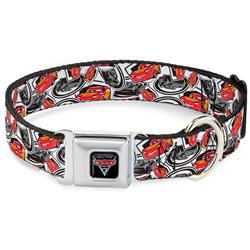 Disney CARS 3 Emblem Black/Silver/Reds Seatbelt Buckle Collar - Cars 3 Lightning McQueen/Storm Jackson Poses Scattered White