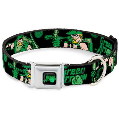 GREEN ARROW Logo Full Color Black/Green Seatbelt Buckle Collar - GREEN ARROW Action Poses/Targets Black/Greens
