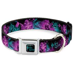 HARLEY QUINN Black/Turquoise Seatbelt Buckle Collar - HARLEY QUINN Pow & Aiming Poses/Joker Sketch Black/Turquoise/Fuchsia
