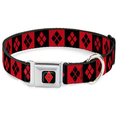 Harley Quinn Diamond Full Color Black/Red Seatbelt Buckle Collar - Harley Quinn Diamond Blocks Red/Black Black/Red