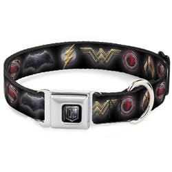 JL 2017 Badge Full Color Black/Grays Seatbelt Buckle Collar - Justice League 2017 6-Superhero Icons Black
