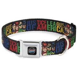 JUSTICE LEAGUE OF AMERICA Badge Black/White/Red/Blue Seatbelt Buckle Collar - JUSTICE LEAGUE OF AMERICA w/Superhero Blocks Black/Multi Color