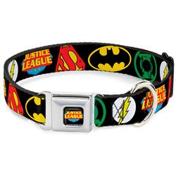 Justice League Shield Full Color Black/Blue/Red/Yellow Seatbelt Buckle Collar - Justice League Superhero Logos CLOSE-UP Black