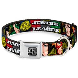 JL Logo Full Color Grays/Black/White Seatbelt Buckle Collar - JUSTICE LEAGUE Logo/4-Superhero Panels Pop Art