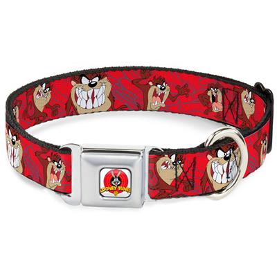 Looney Tunes Logo White Seatbelt Buckle Collar - Tasmanian Devil Expressions Red Swirl
