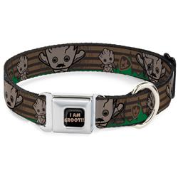 I AM GROOT!! Black/Brown Seatbelt Buckle Collar - Kawaii Groot 2-Poses/Guardians Badge Browns/Green