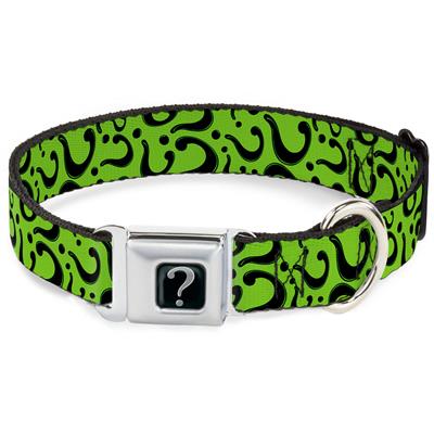 Riddler Question Mark Full Color Black/Gray Seatbelt Buckle Collar - Question Mark Scattered Lime Green/Black