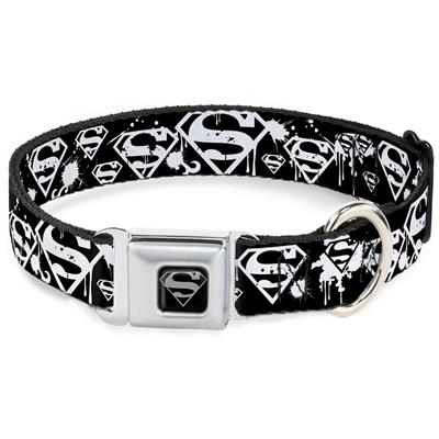 S-Shield Black/Silver Seatbelt Buckle Collar - Superman Shield Splatter Black/White