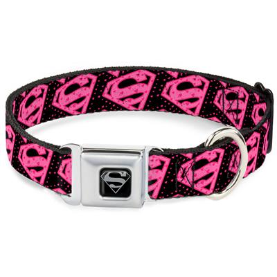 S-Shield Black/Silver Seatbelt Buckle Collar - Diagonal Superman Logo w/Hearts Black/Pink
