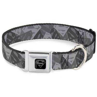 Superman Black/Silver Seatbelt Buckle Collar - Superman Shield Camouflage Grays
