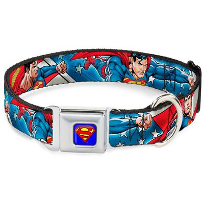 Superman Blue Seatbelt Buckle Collar - Superman Action Poses/Stars & Stripes