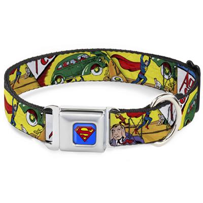 Superman Blue Seatbelt Buckle Collar - Classic ACTION COMICS Issue #1 Cover Superman Lifting Car Stacked