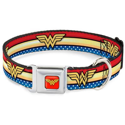 Wonder Woman Red Seatbelt Buckle Collar - Wonder Woman Logo Stripe/Stars Red/Gold/Blue/White
