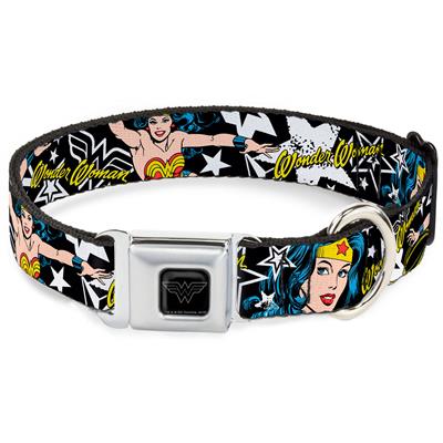Wonder Woman Black/Silver Seatbelt Buckle Collar - Wonder Woman/Stars Black/White