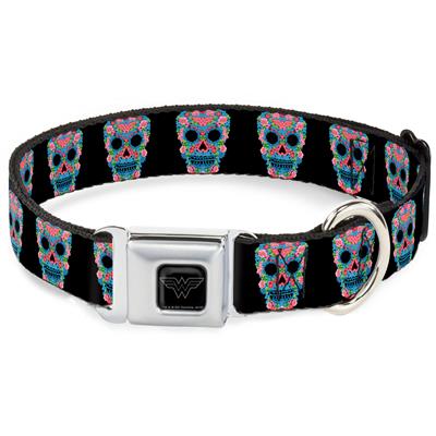 Wonder Woman Black/Silver Seatbelt Buckle Collar - Wonder Woman Floral Skull Black/Multi Pastel