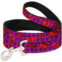 Dog Leash - Broken Hearts & Roses w/Fuchsia Plaid