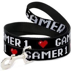 Dog Leash - GAMER 1/Heart 8-Bit Black/White/Red