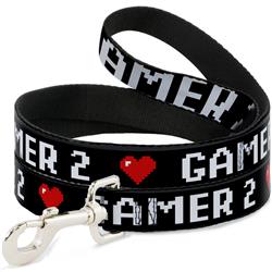 Dog Leash - GAMER 2/Heart 8-Bit Black/White/Red