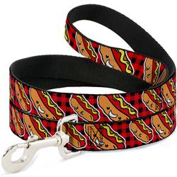 Dog Leash - Hot Dogs/Buffalo Plaid Black/Red