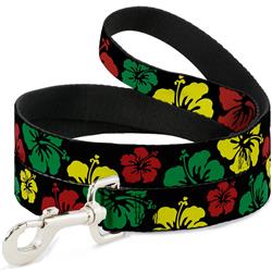 Dog Leash - Hibiscus CLOSE-UP Black/Green/Yellow/Red