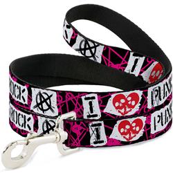 Dog Leash - I Heart Punk Rock w/Safety Pins Black/Fuchsia/White