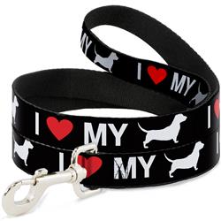 Dog Leash - I "HEART" MY "WIENER" Dog Silhouette Black/White/Red