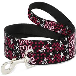 Dog Leash - Love Me w/Sketch Stars & Checkers Black/Fuchsia/White