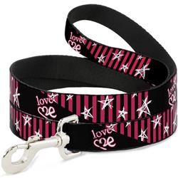 Dog Leash - Love Me w/Sketch Stars & Stripes Black/Fuchsia/White