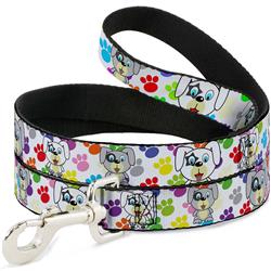 Dog Leash - Puppies w/Paw Prints White/Multi Color