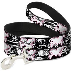Dog Leash - Punk Heart & Cross Bones w/Skulls & Splatter Black/White
