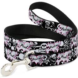 Dog Leash - Punk Princess Heart & Cross Bones w/Skulls & Splatter Black/White