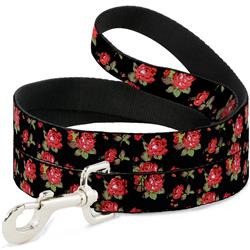Dog Leash - Red Roses Scattered Black