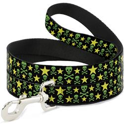 Dog Leash - Skulls & Stars Black/Green/Yellow