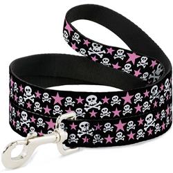 Dog Leash - Skulls & Stars Black/White/Pink