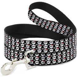 Dog Leash - Skull w/Bow Black/White/Red