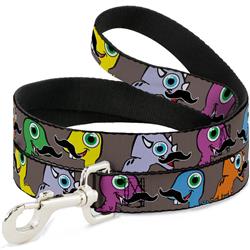 Dog Leash - Cute Dinosaurs w/Mustaches Gray