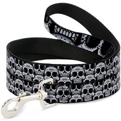 Dog Leash - Cartoon Sugar Skulls Stacked Black/White