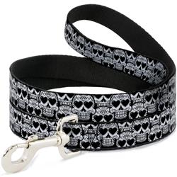 Dog Leash - Diamond Sugar Skull Stacked Black/Silver Fade/White