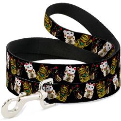 Dog Leash - Maneki Neko Lucky Cats Gold/Black/White