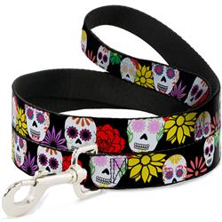 Dog Leash - Sugar Skulls & Flowers Black/Multi Color
